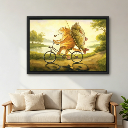 Fat cat bicycle fish framed canvas wall art above sofa, whimsical animal print living room decor warm golden hues
