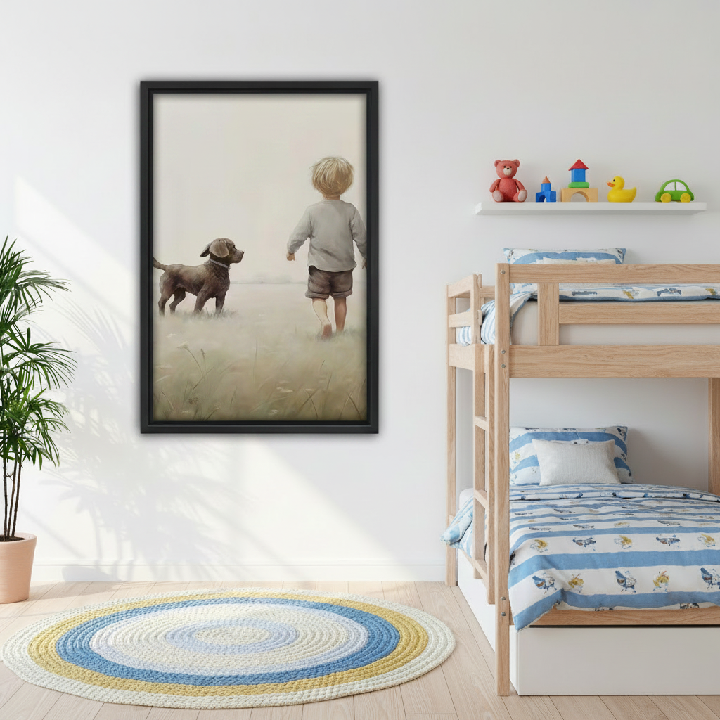 Vintage boy and dog nostalgic framed canvas wall art displayed in kids bedroom with bunk bed