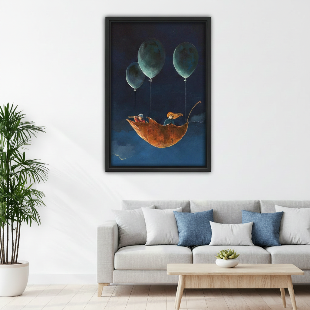 Fantasy balloon leaf children framed wall art above a gray sofa in a bright modern living room, whimsical night sky canvas print