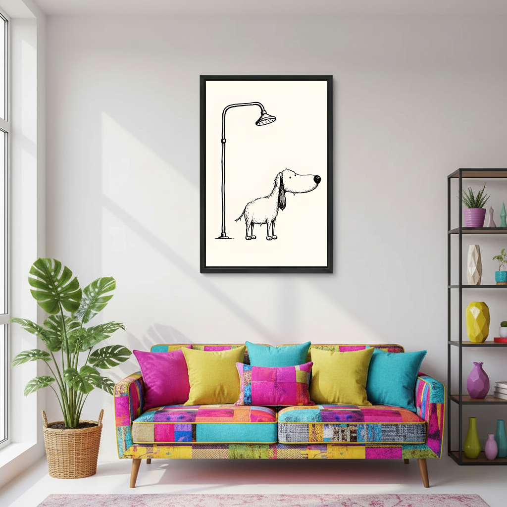 Black-framed dog shower canvas wall art with a cream background hanging above a colorful patchwork living room sofa.