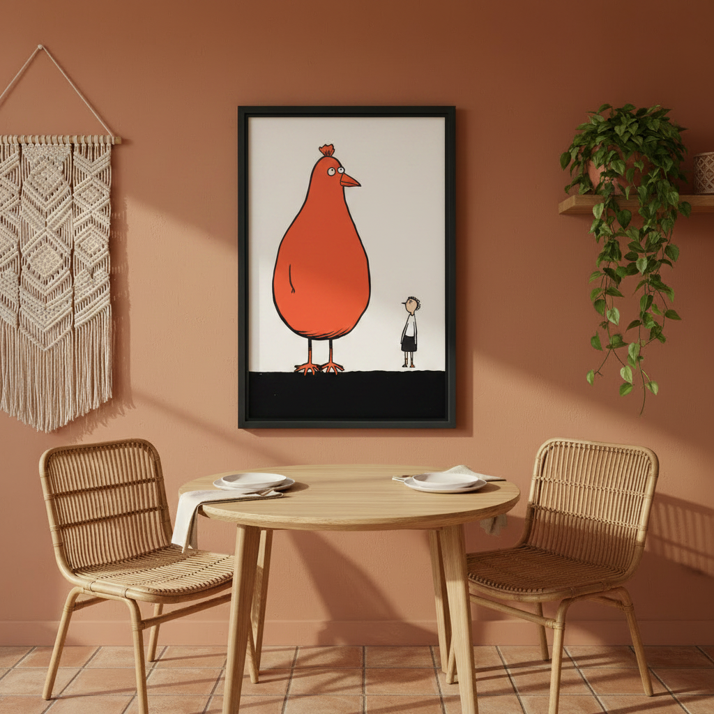 Giant Red Chicken and Tiny Human Framed Wall Art – Minimalist Humor Print for Eclectic Home Decor