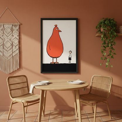 Giant Red Chicken and Tiny Human Framed Wall Art – Minimalist Humor Print for Eclectic Home Decor