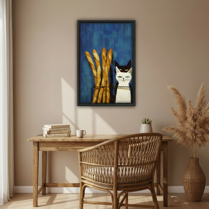 :Cat and baguettes framed wall art, black frame, bold blue oil painting style, styled above a rustic wooden desk in a sunny boho home office with rattan chair and pampas grass