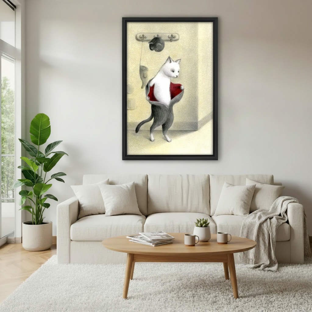 Framed vintage white cat in red vest humorous illustrated wall art above beige sofa in Scandinavian living room