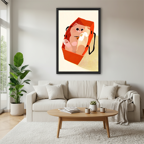 Chubby fluffy pink cat lying on its back inside red tote shopping bag with paws up showing pink paw pads and gold bell collar overhead view flat minimalist illustration style framed wall art hung on white wall above cream sofa with round wooden coffee table stacked magazines small succulent terracotta mug and cozy grey throw blanket