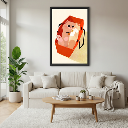 Chubby fluffy pink cat lying on its back inside red tote shopping bag with paws up showing pink paw pads and gold bell collar overhead view flat minimalist illustration style framed wall art hung on white wall above cream sofa with round wooden coffee table stacked magazines small succulent terracotta mug and cozy grey throw blanket