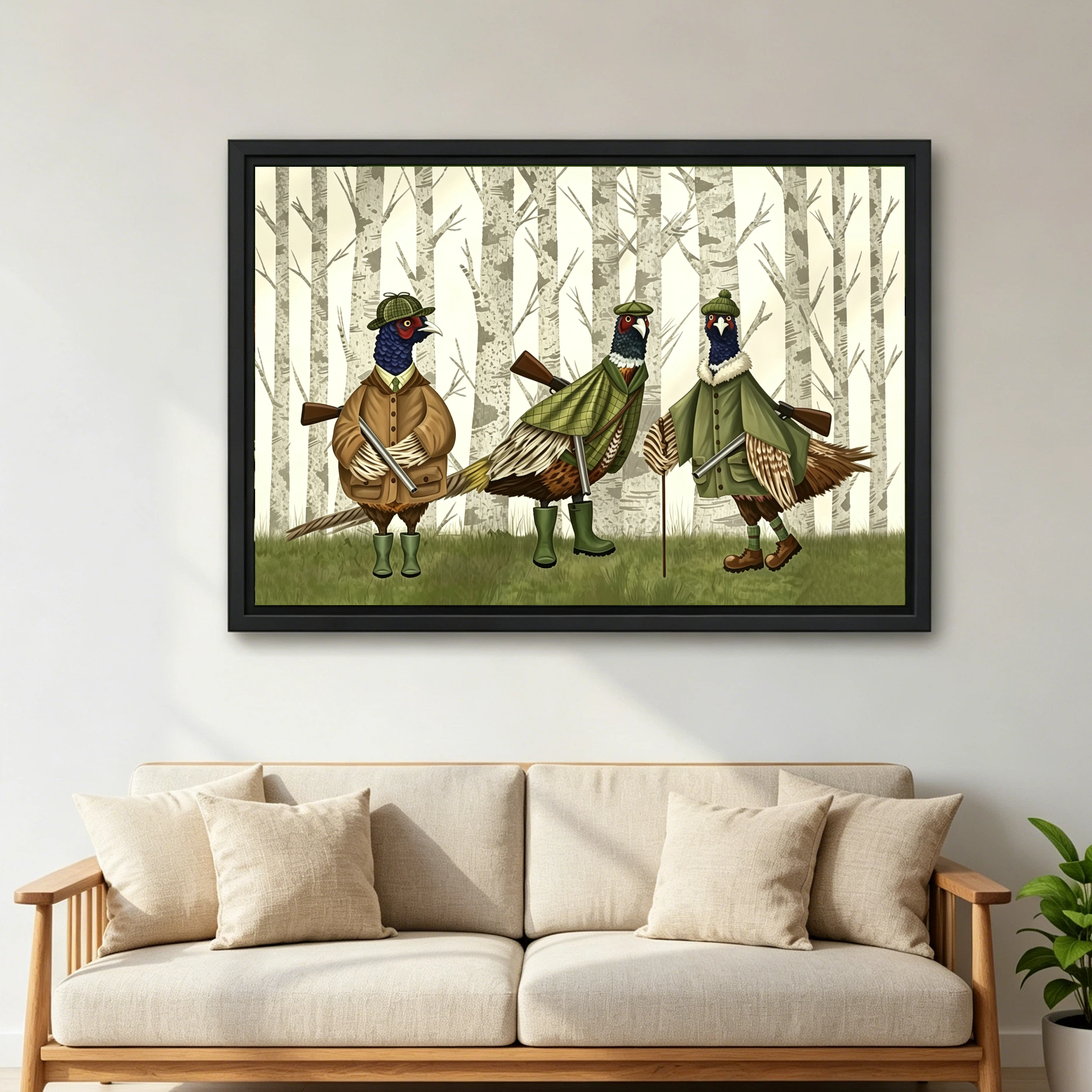 Whimsical pheasant hunter canvas print above sofa, funny dressed birds birch wood framed wall art living room