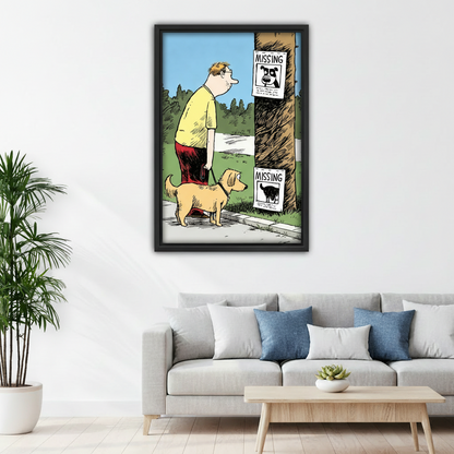 Black framed humorous dog walk missing poster cartoon wall art above a gray sofa in a bright modern living room, funny pet lover print