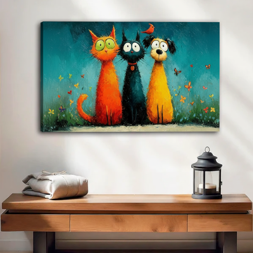 Colorful cat dog trio canvas wall art gallery wrap, whimsical pet print above console table