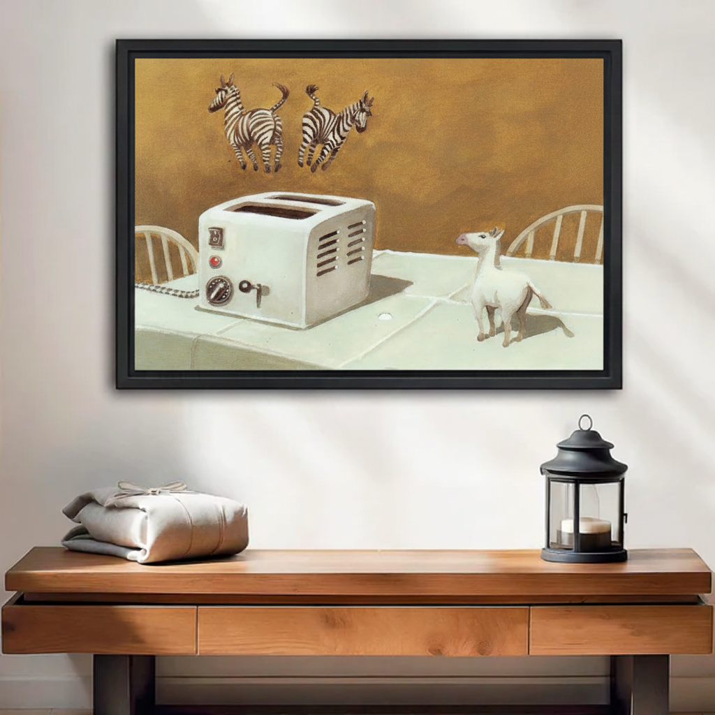 Surreal zebra toaster framed canvas wall art above wooden console table — whimsical eclectic home decor