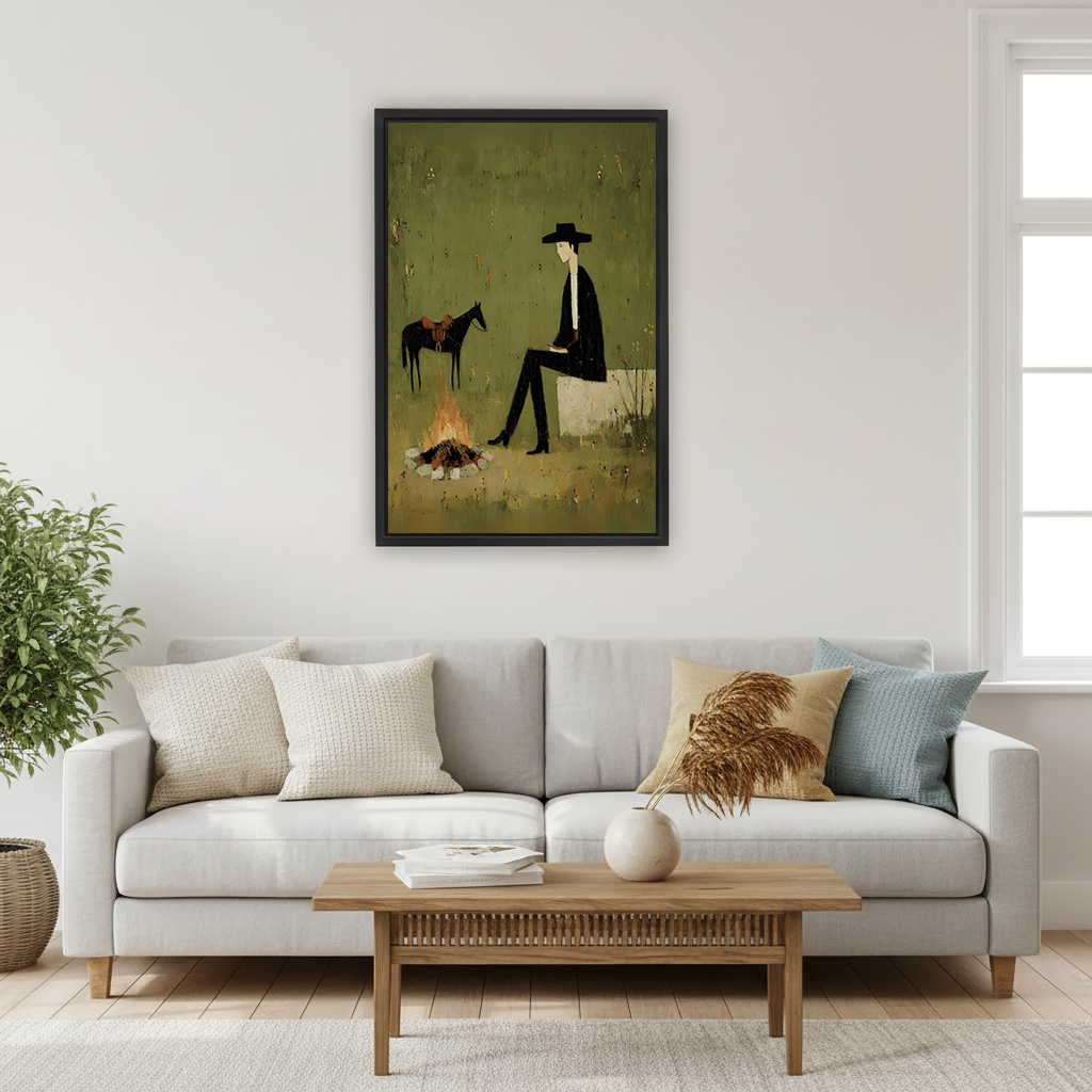 Vintage cowboy campfire canvas wall art displayed above a dining table in an elegant home office