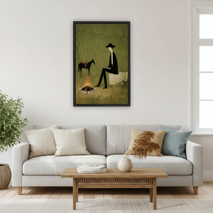 Vintage cowboy campfire canvas wall art displayed above a dining table in an elegant home office