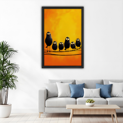 Funny Fluffy Black Birds on Wire Orange Background Framed Art Print Above Sofa Living Room