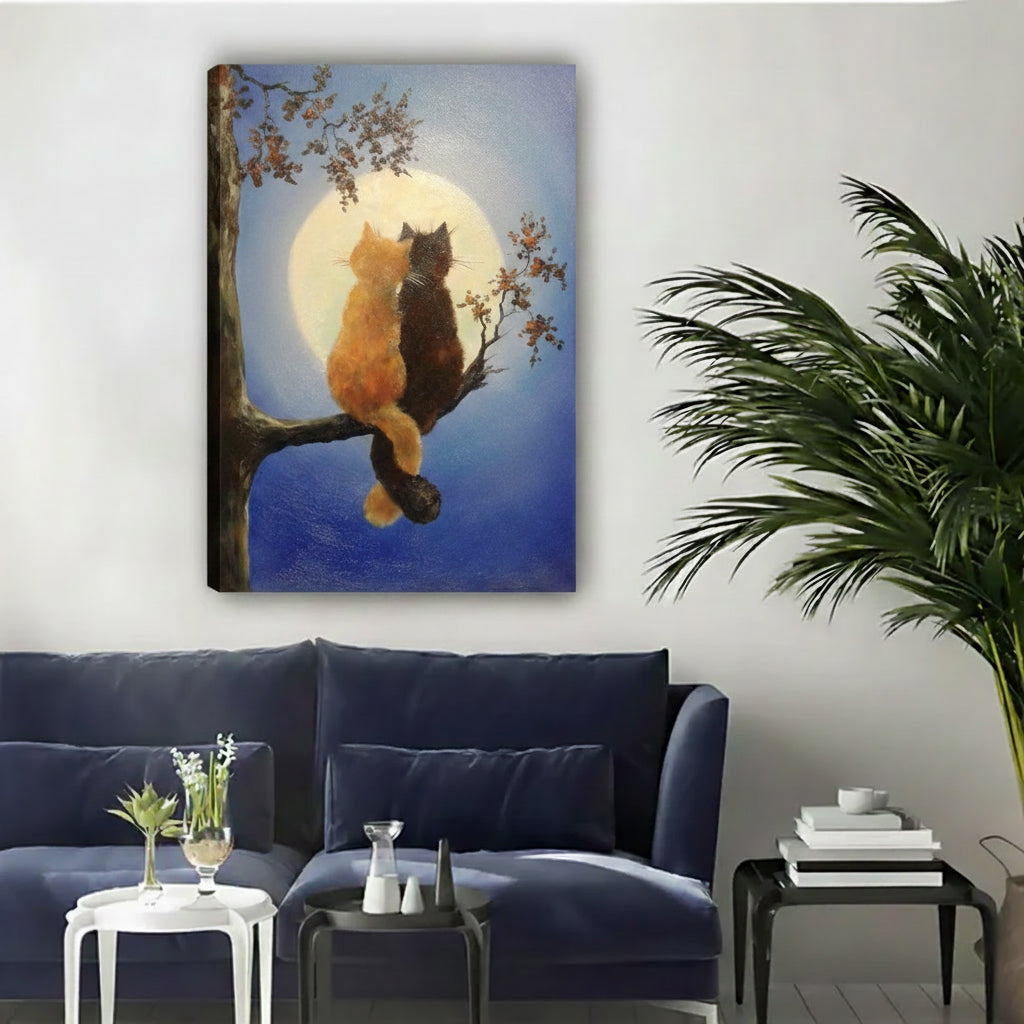 Moonlight Cats Romantic Framed Canvas Wall Art l2033