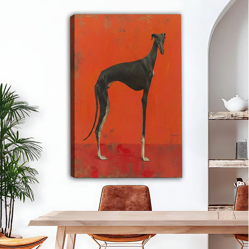 Unframed blackhound canvas wall art in dining room, contemporary animal print with red background