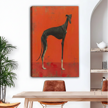 Unframed blackhound canvas wall art in dining room, contemporary animal print with red background