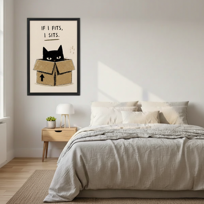 Funny black cat If I Fits I Sits framed wall art above bed – cat lover bedroom wall decor