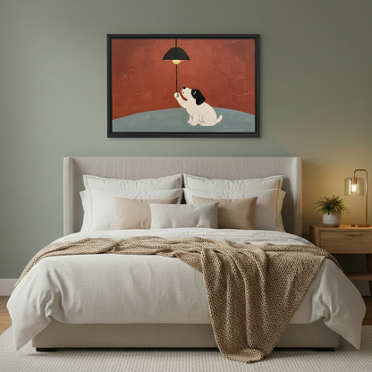 Framed Dog Gazing at Pendant Lamp Art Print – Contemporary Textured Wall Decor for Bedroom