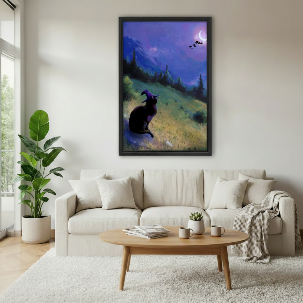 Black framed witch cat moon wall art above cream sofa in Scandinavian living room