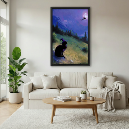 Black framed witch cat moon wall art above cream sofa in Scandinavian living room