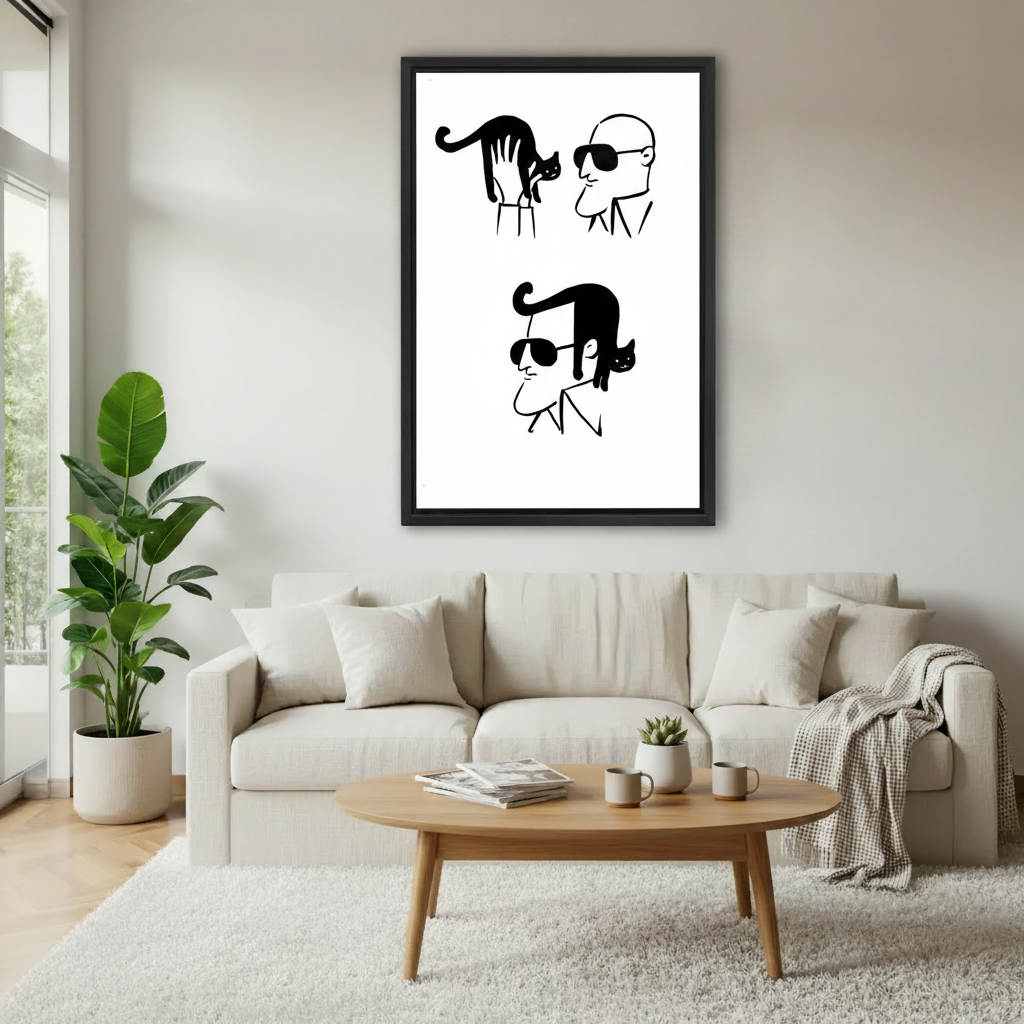 Black and white minimalist cat wall art framed print in bright Scandinavian style living room