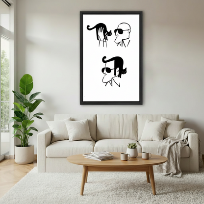Black and white minimalist cat wall art framed print in bright Scandinavian style living room
