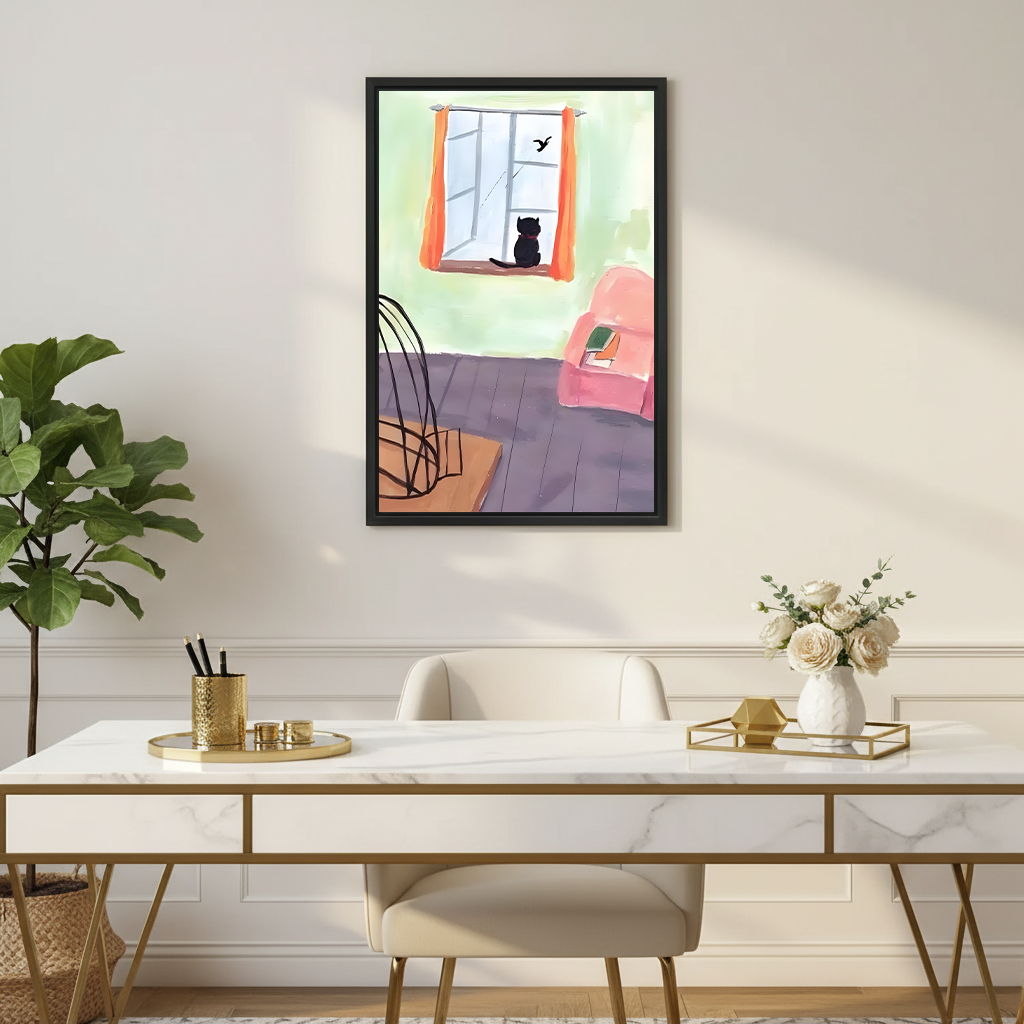 Black cat windowsill bird watercolor cozy room illustration black framed wall art canvas print above marble desk in elegant home office