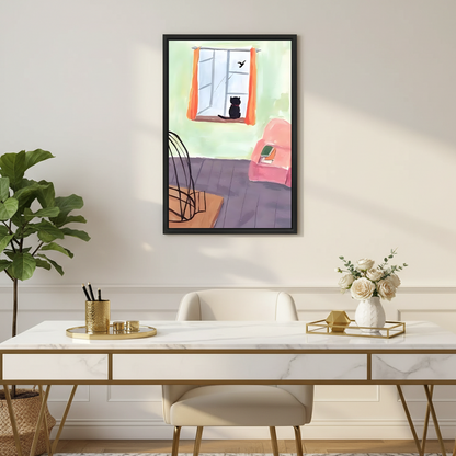 Black cat windowsill bird watercolor cozy room illustration black framed wall art canvas print above marble desk in elegant home office