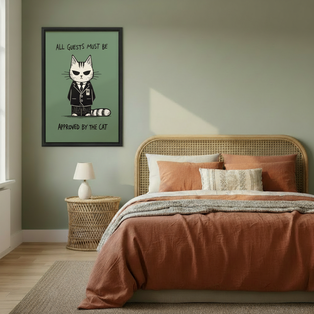 Humorous cat in suit all guests must be approved by the cat sage green funny wall art print in black frame on sage green bedroom wall above rattan bed with terracotta linen bedding and wicker nightstand