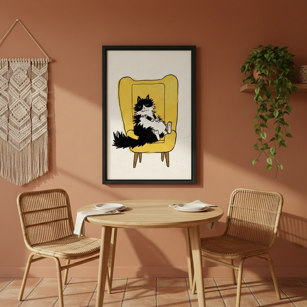 Fluffy grumpy cat in yellow mid-century armchair humorous wall art print in black frame on terracotta wall above rattan dining table and chairs with trailing ivy plant in boho dining room