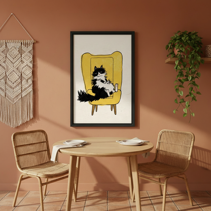 Fluffy grumpy cat in yellow mid-century armchair humorous wall art print in black frame on terracotta wall above rattan dining table and chairs with trailing ivy plant in boho dining room