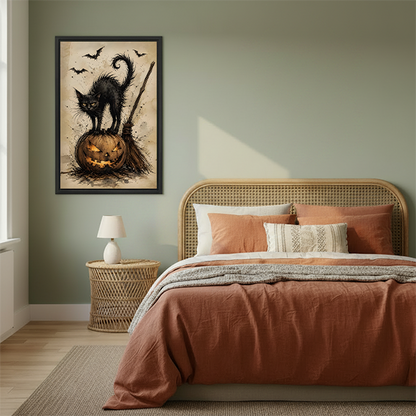 Black-framed black cat and pumpkin canvas wall art displayed between potted plants above small wooden tables.
