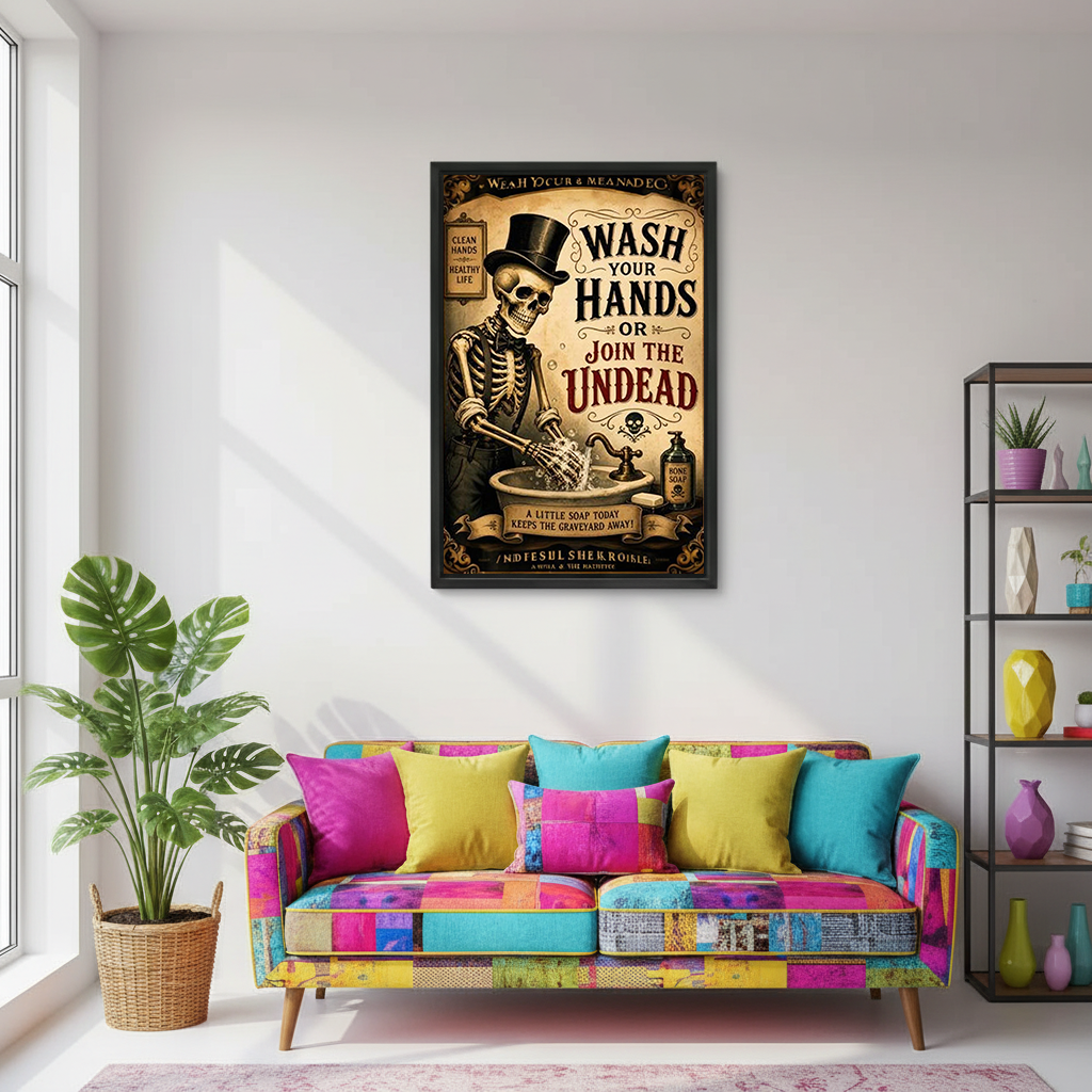 Vintage Gothic Skeleton Wash Your Hands Canvas Wall Art | Framed & Unframed l4910