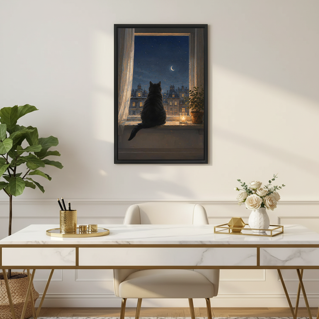 Moonlit black cat night city framed wall art print in elegant home office with marble desk and gold accents