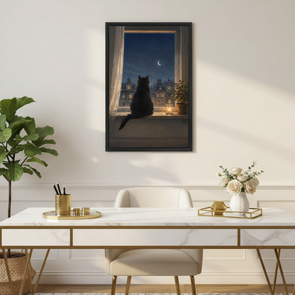 Moonlit black cat night city framed wall art print in elegant home office with marble desk and gold accents