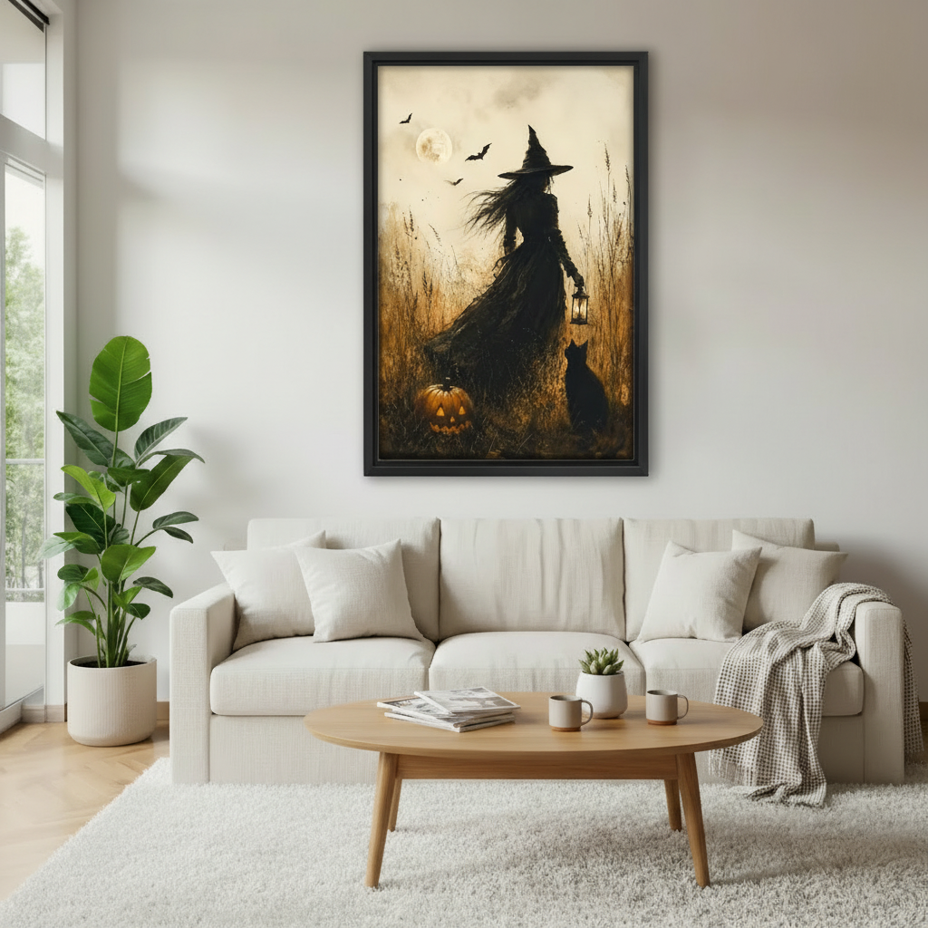 Gothic witch canvas wall art framed above sofa, vintage black cat pumpkin lantern print living room