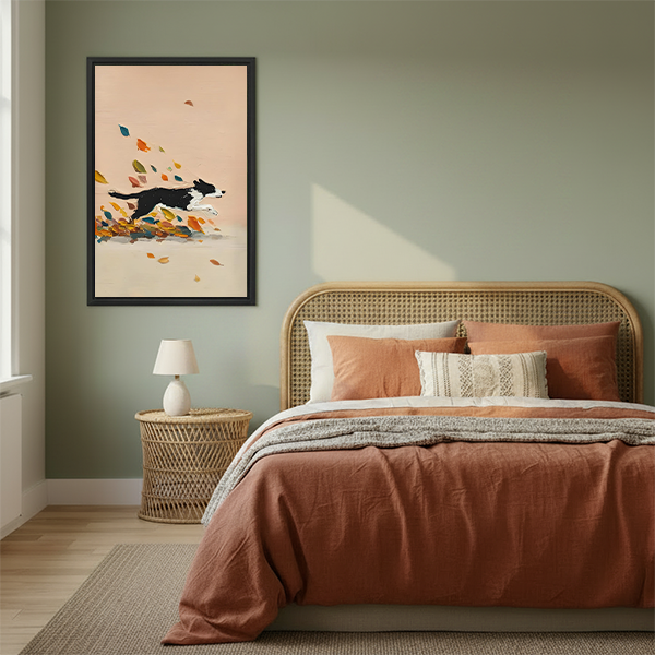 Border collie autumn leaves modern framed canvas wall art in sage green bedroom – minimalist dog print beside rattan headboard
