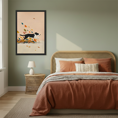 Border collie autumn leaves modern framed canvas wall art in sage green bedroom – minimalist dog print beside rattan headboard
