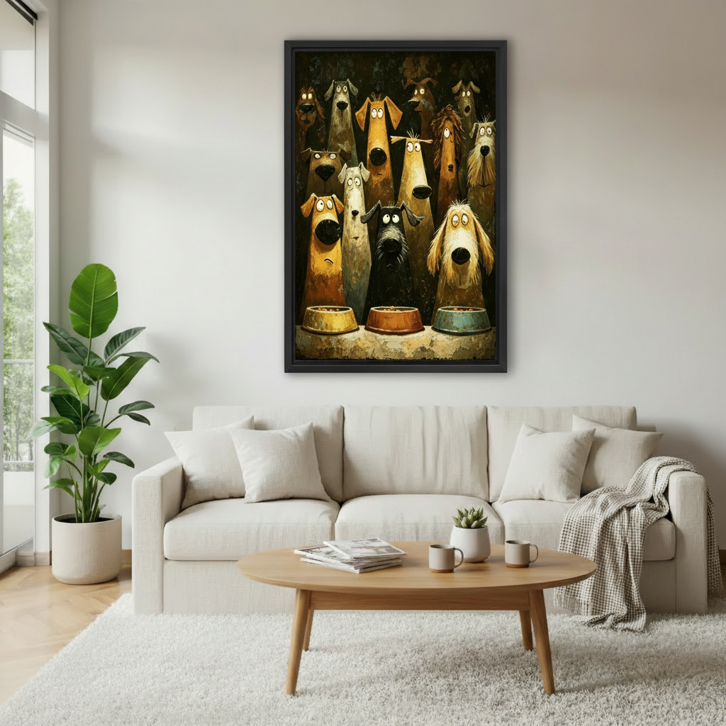 Cartoon dogs waiting food oil painting framed canvas wall art above white sofa, funny whimsical group of dogs staring at three bowls living room decor