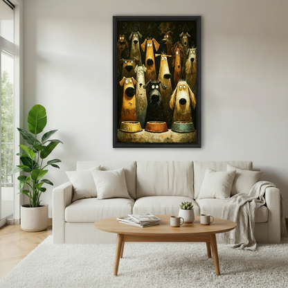 Cartoon dogs waiting food oil painting framed canvas wall art above white sofa, funny whimsical group of dogs staring at three bowls living room decor