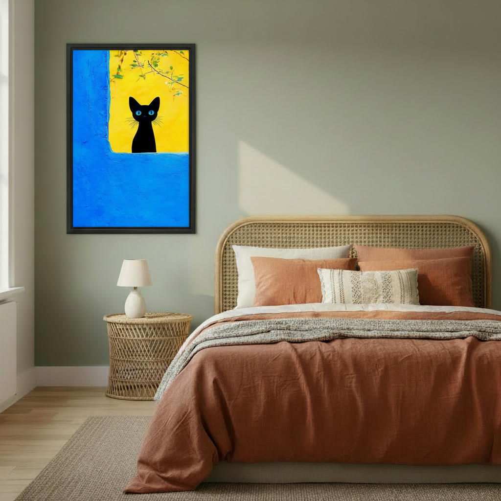 Black cat with blue eyes Mediterranean framed wall art, black frame, vivid blue and yellow illustration, styled in a warm boho bedroom with sage green walls and rattan headboard
