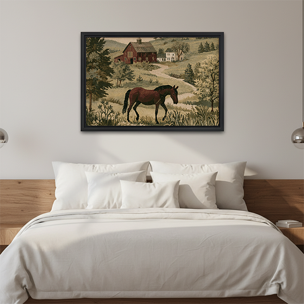 Woman holding black-framed horse farmhouse canvas wall art with a brown horse, red barn, and winding country lane.