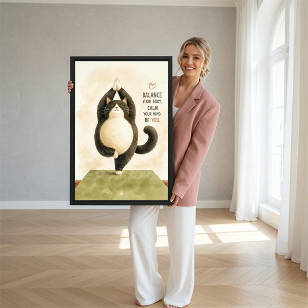 Smiling woman holding yoga cat motivational quote framed canvas wall art in bright living room