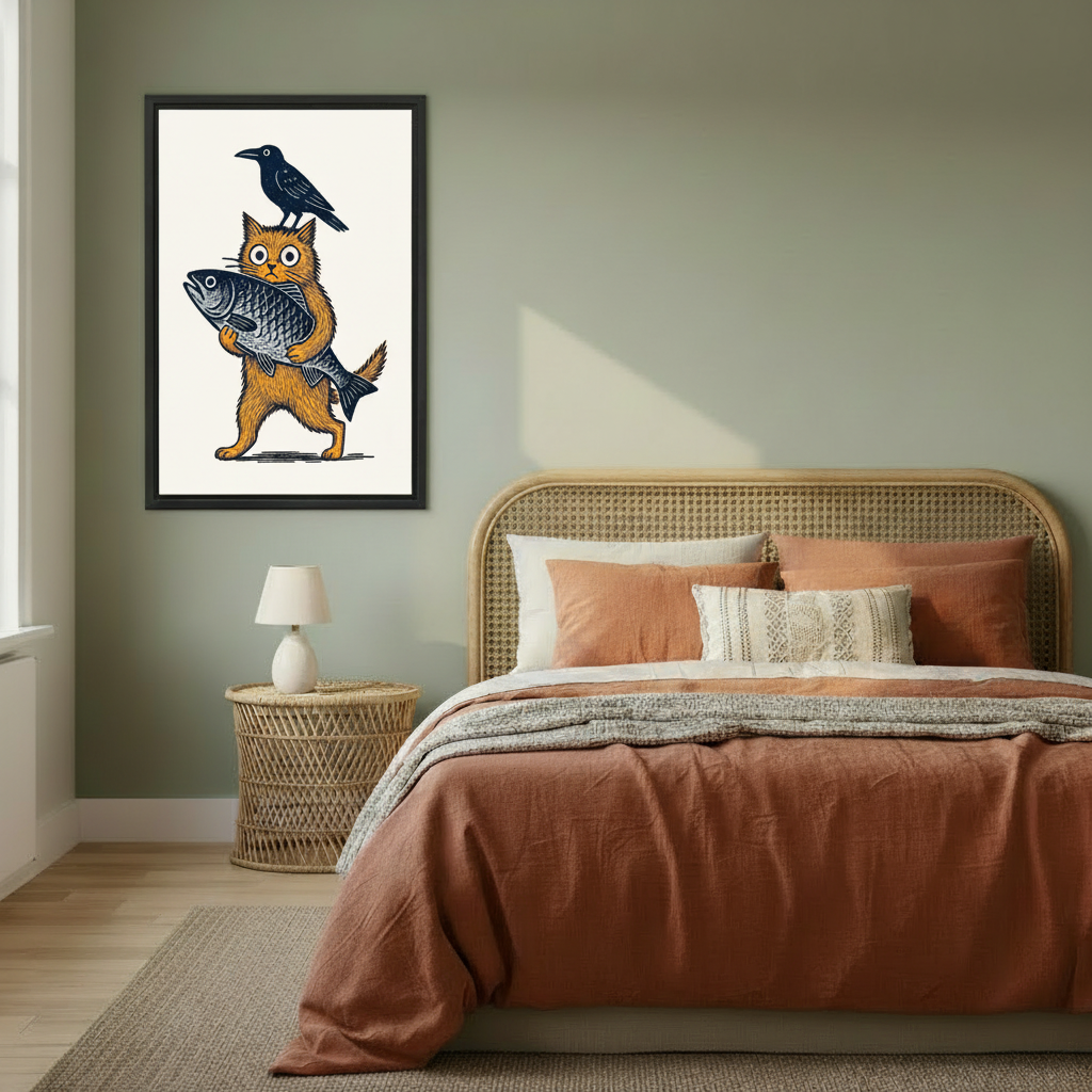 Woodcut Folk Art Orange Cat with Fish and Crow Framed Print – Quirky Animal Wall Art for Home