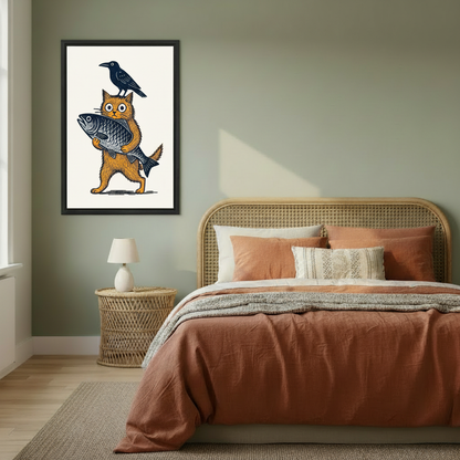 Woodcut Folk Art Orange Cat with Fish and Crow Framed Print – Quirky Animal Wall Art for Home