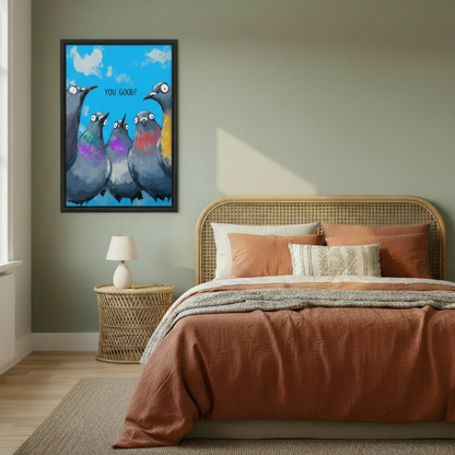 Whimsical pigeons "You Good?" framed wall art, black frame, colorful funny bird illustration on bright blue sky, styled in a warm boho bedroom with sage green walls and rattan headboard
