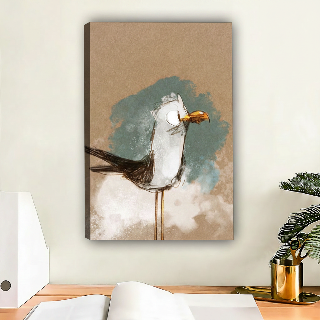 Vintage seagull gallery wrap canvas art on desk wall — coastal bird sketch print
decor
