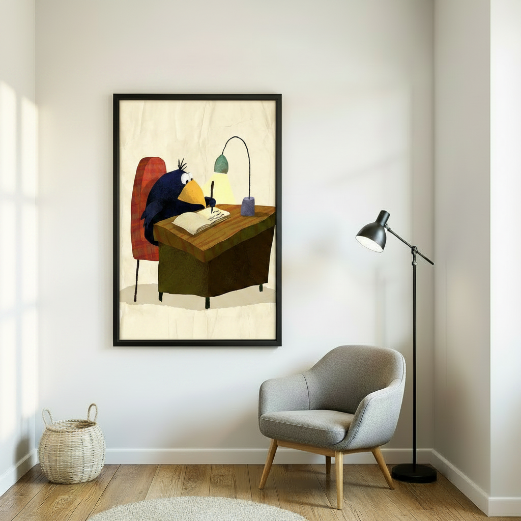Large whimsical crow writer canvas print on white wall beside reading chair and floor lamp
