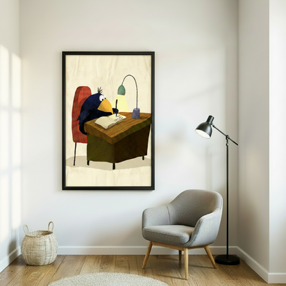 Large whimsical crow writer canvas print on white wall beside reading chair and floor lamp