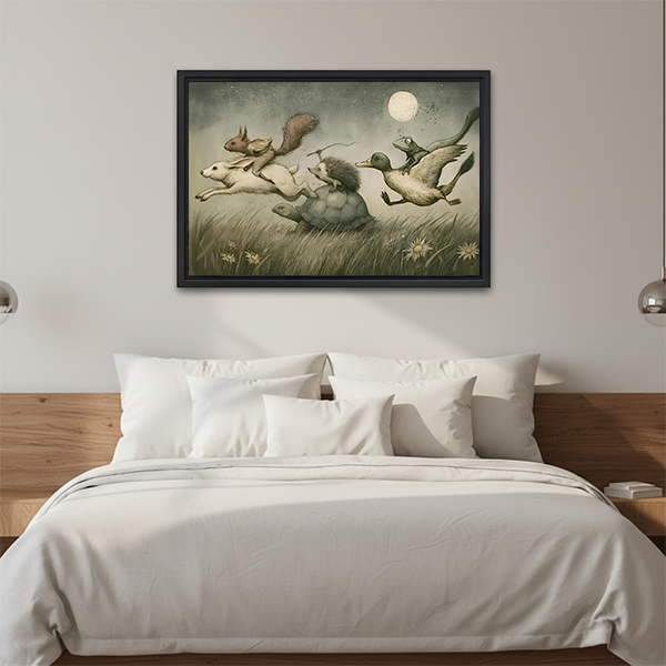 Black-framed moonlit animal adventure canvas wall art above a cream sofa, depicting storybook animals beneath a full moon.